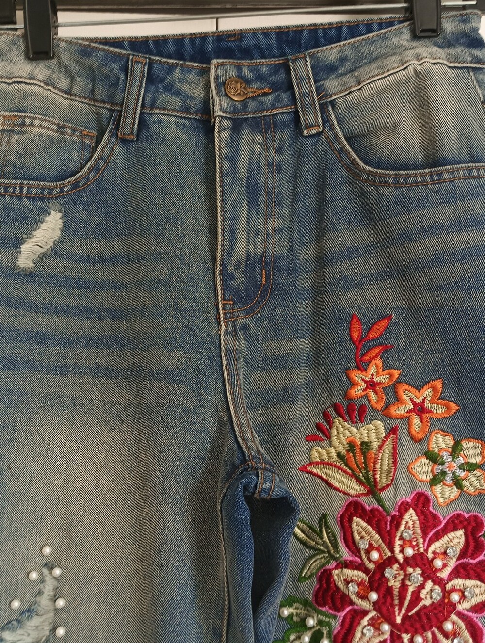 NEW Bohemela Dark Distressed Wash Embroidered Embellished Loose Fit Jeans (26) - Picture 2 of 13